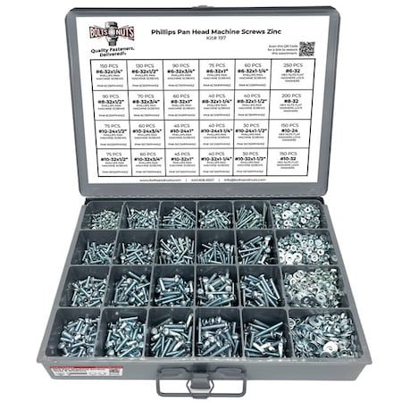 Boltsandnuts.Com Inch Phillips Pan Head Machine Screws, Hex Nuts, Flat & Lock Washers - 3556 PCS Assortment Kit #197
